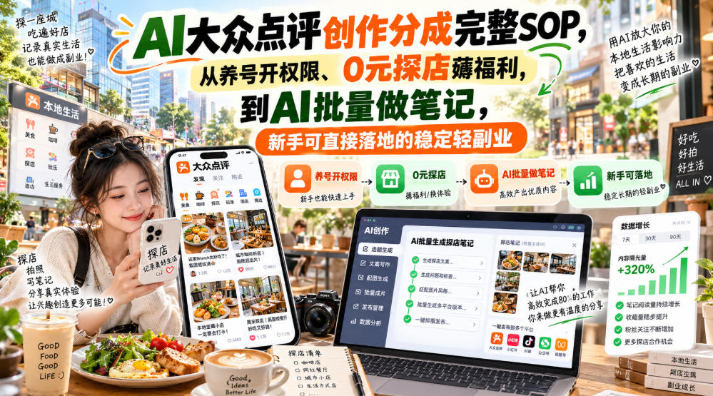 【无水印】AI大众点评创作分成完整SOP，从养号开权限、0元探店薅福利，到AI批量做笔记，新手可直接落地的稳定轻副业-宣源知识学堂