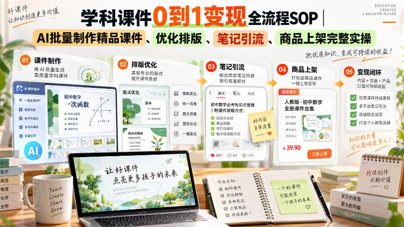 学科课件0到1变现全流程SOP｜AI批量制作精品课件、优化排版、笔记引流、商品上架完整实操-宣源知识学堂