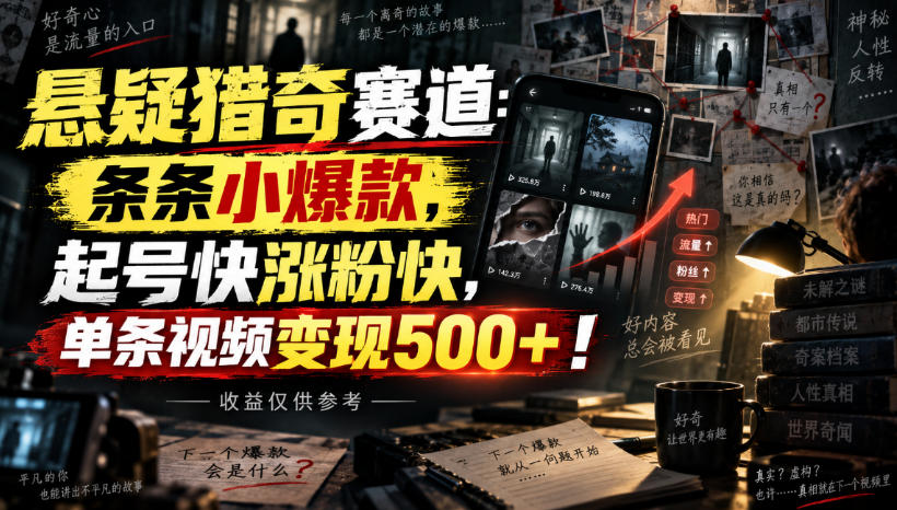 悬疑猎奇赛道:条条小爆款,起号快涨粉快,单条视频变现500+!收益仅供参考-宣源知识学堂