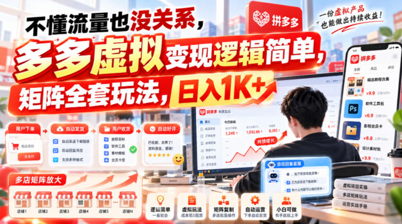 不懂流量也没关系，多多虚拟变现逻辑简单，矩阵全套玩法，日入1K+【揭秘】-宣源知识学堂