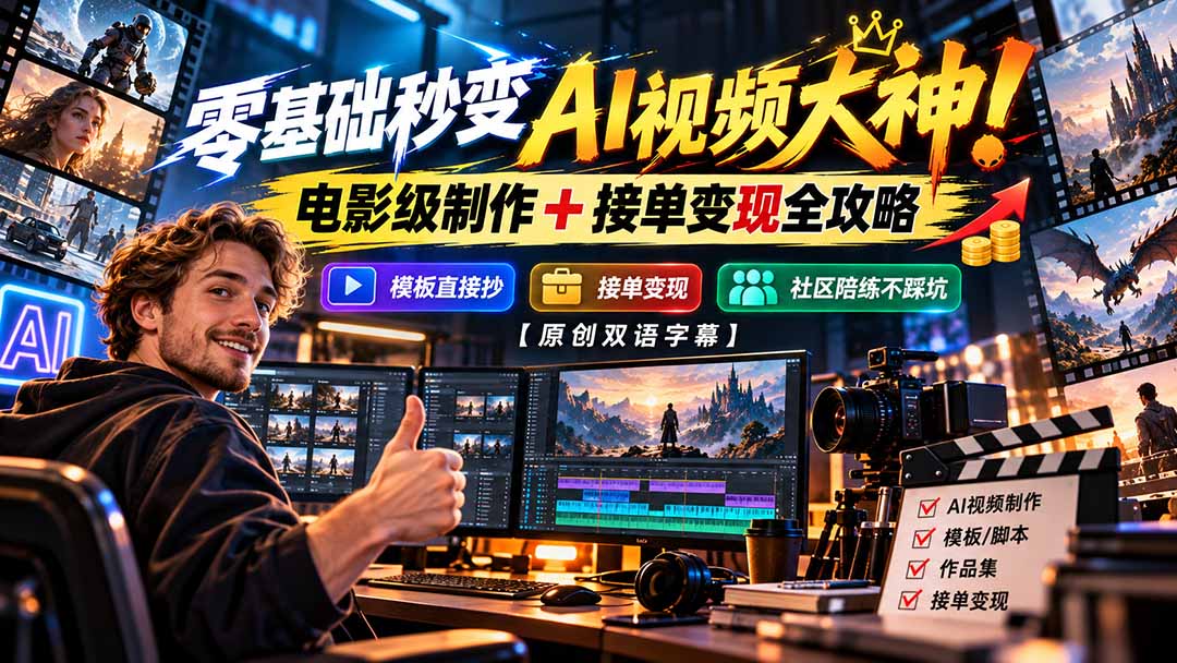 零基础秒变AI视频大神!电影级制作 + 接单变现全攻略,模板直接抄,社区陪练不踩坑【原创双语字幕】-宣源知识学堂