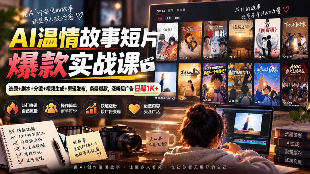 AI温情故事短片爆款实战课-更新|选题+剧本+分镜+视频生成+剪辑发布,条条爆款,涨粉接广告日赚1K+-宣源知识学堂