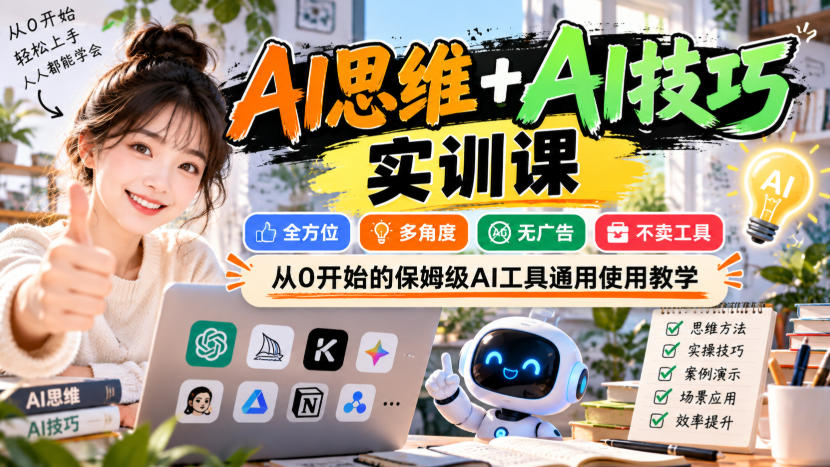 【无水印】AI思维+AI技巧实训课，全方位、多角度、无广告、不卖工具，从0开始的保姆级AI工具通用使用教学-宣源知识学堂