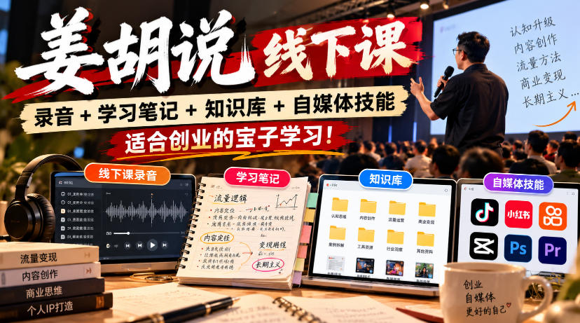 姜胡说线下课录音＋学习笔记＋知识库＋自媒体技能，适合创业的宝子学习！-宣源知识学堂