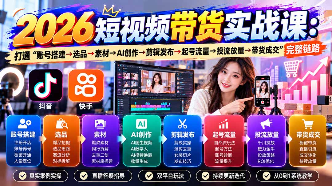 2026短视频带货实战课9月：打通“账号搭建→选品→素材→AI创作→剪辑发布→起号流量→投流放量→带货成交”完整链路-宣源知识学堂