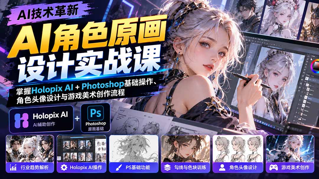 AI角色原画设计实战课：掌握Holopix AI+Photoshop基础操作、角色头像设计与游戏美术创作流程-宣源知识学堂