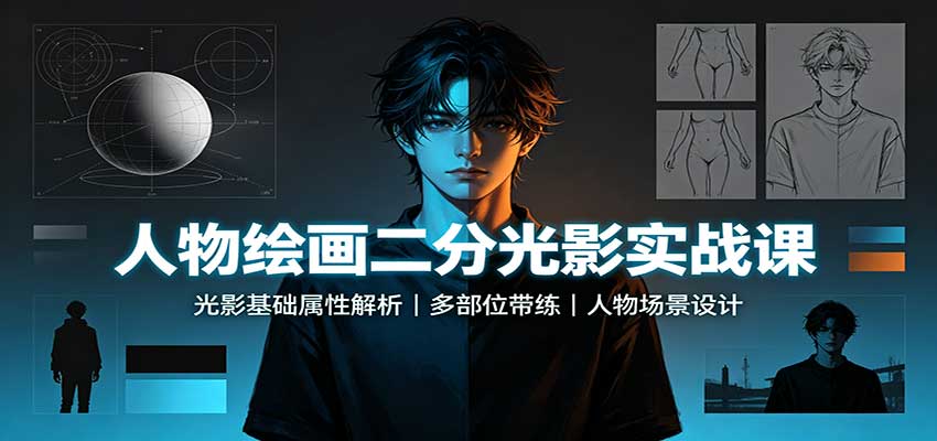 人物绘画二分光影实战课：光影基础属性解析，多部位带练，人物场景设计-宣源知识学堂