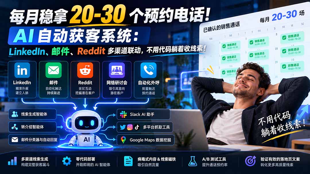 每月稳拿 20-30 个预约电话!AI 自动获客系统:LinkedIn、邮件、Reddit 多渠道联动,不用代码躺着收线索!-宣源知识学堂