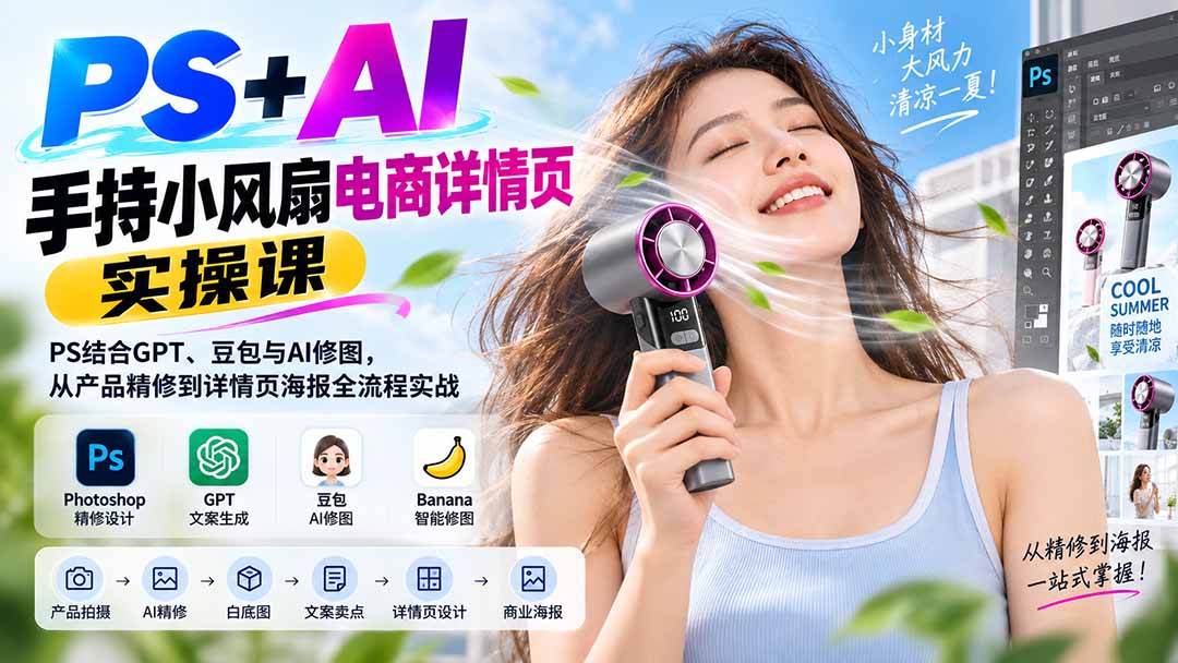 PS+AI手持小风扇电商详情页实操课:PS结合GPT、豆包与AI修图,从产品精修到详情页海报全流程实战-宣源知识学堂