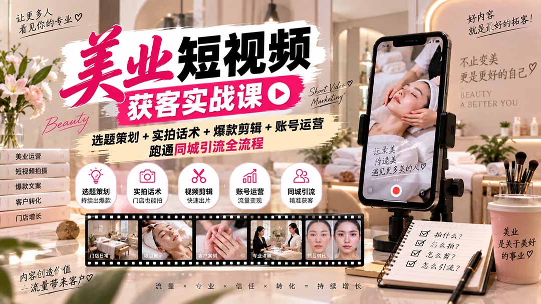 美业短视频获客实战课-无水印:选题策划+实拍话术+爆款剪辑+账号运营,跑通同城引流全流程-宣源知识学堂