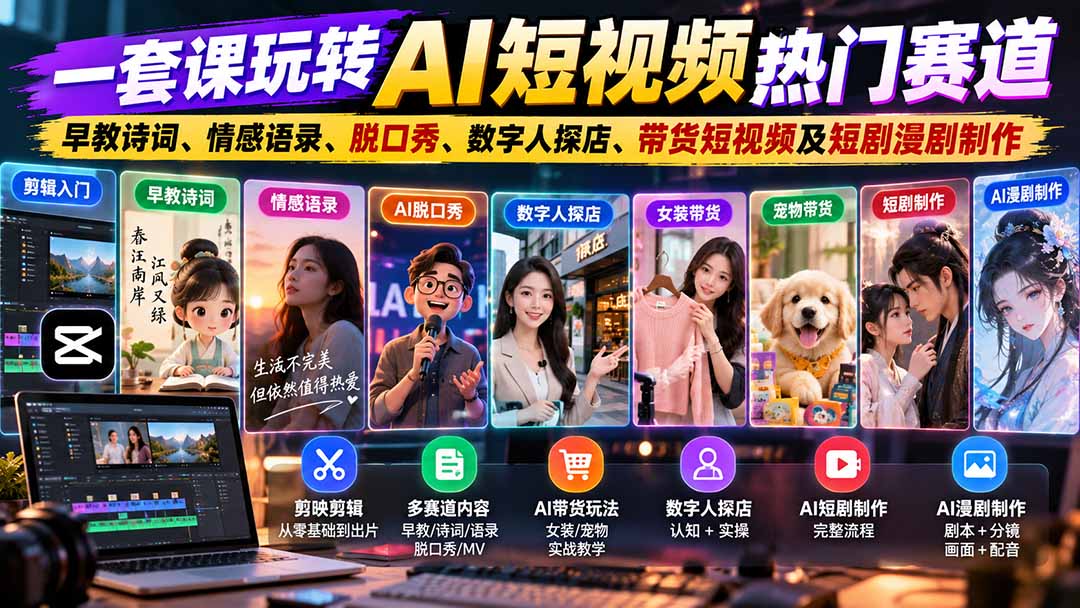 一套课玩转AI短视频热门赛道:早教诗词、情感语录、脱口秀、数字人探店、带货短视频及短剧漫剧制作 复制标题-宣源知识学堂