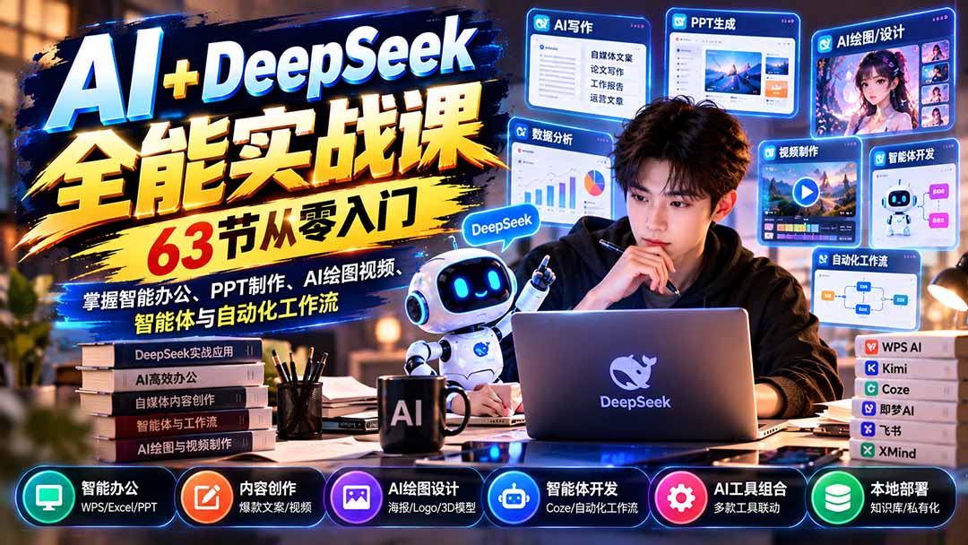 AI+DeepSeek全能实战课：63节从零入门，掌握智能办公、PPT制作、AI绘图视频、智能体与自动化工作流-宣源知识学堂