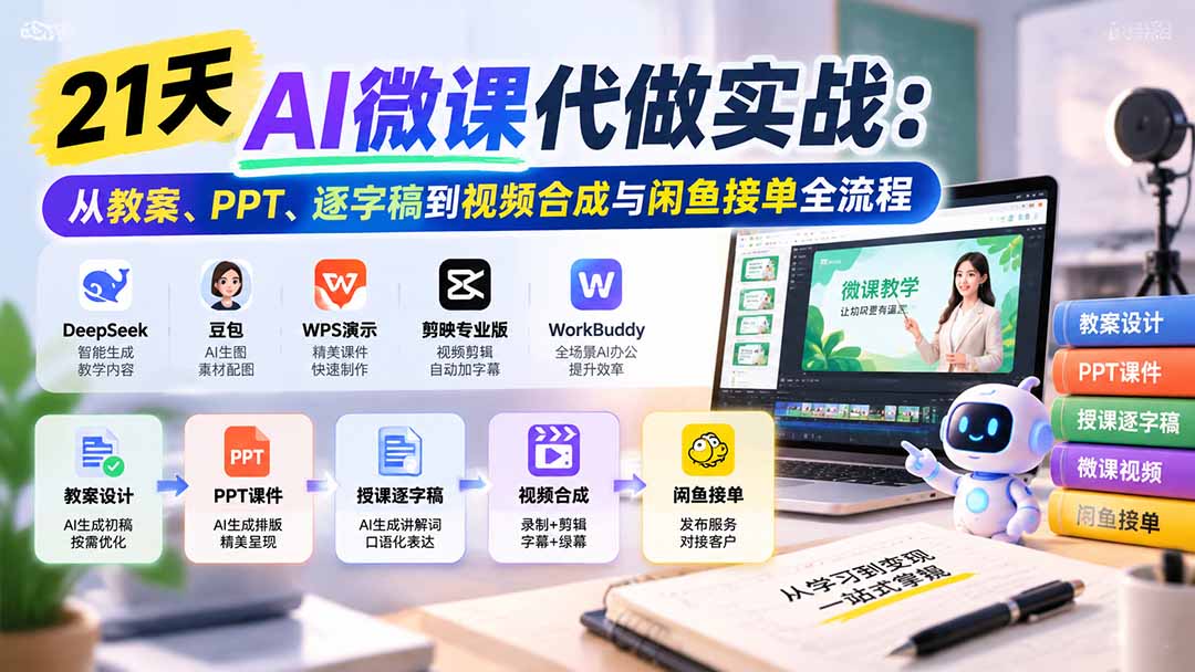 21天AI微课代做实战：从教案、PPT、逐字稿到视频合成与闲鱼接单全流程-宣源知识学堂