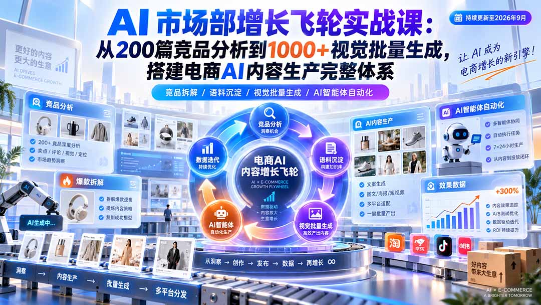 AI 市场部增长飞轮实战课：从200篇竞品分析到1000+视觉批量生成，搭建电商AI内容生产完整体系-宣源知识学堂