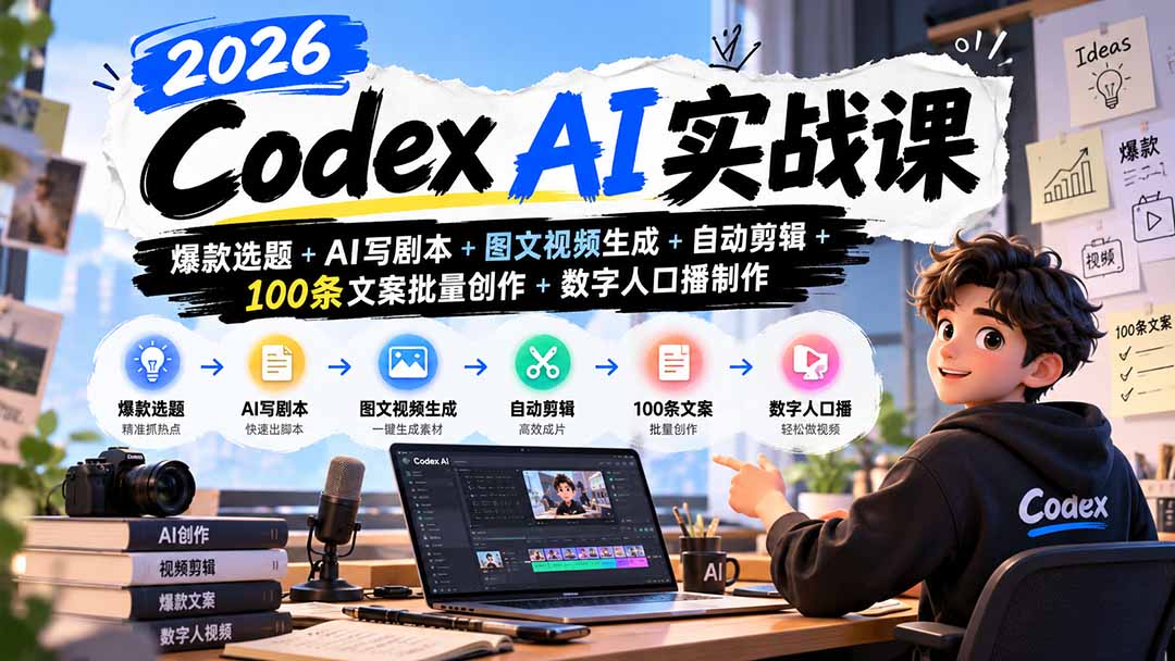 2026Codex AI实战课:爆款选题+AI写剧本+图文视频生成+自动剪辑+100条文案批量创作+数字人口播制作-宣源知识学堂