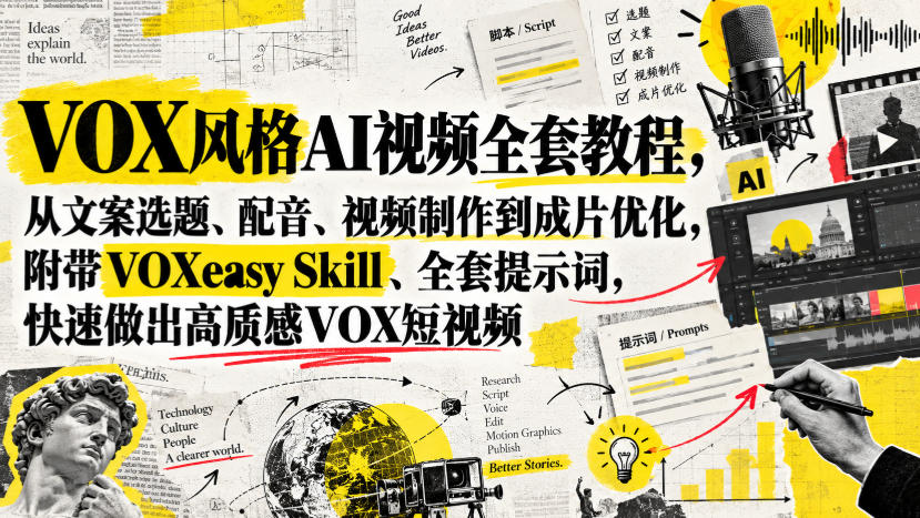 VOX风格AI视频全套教程，从文案选题、配音、视频制作到成片优化，附带VOXeasy Skill、全套提示词，快速做出高质感VOX短视频-宣源知识学堂