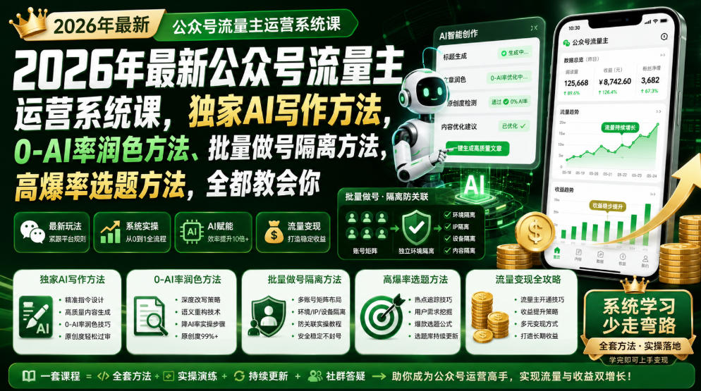 2026年最新公众号流量主运营系统课，独家AI写作方法，0-AI率润色方法、批量做号隔离方法、高爆率选题方法，全都教会你(更新1009)-宣源知识学堂