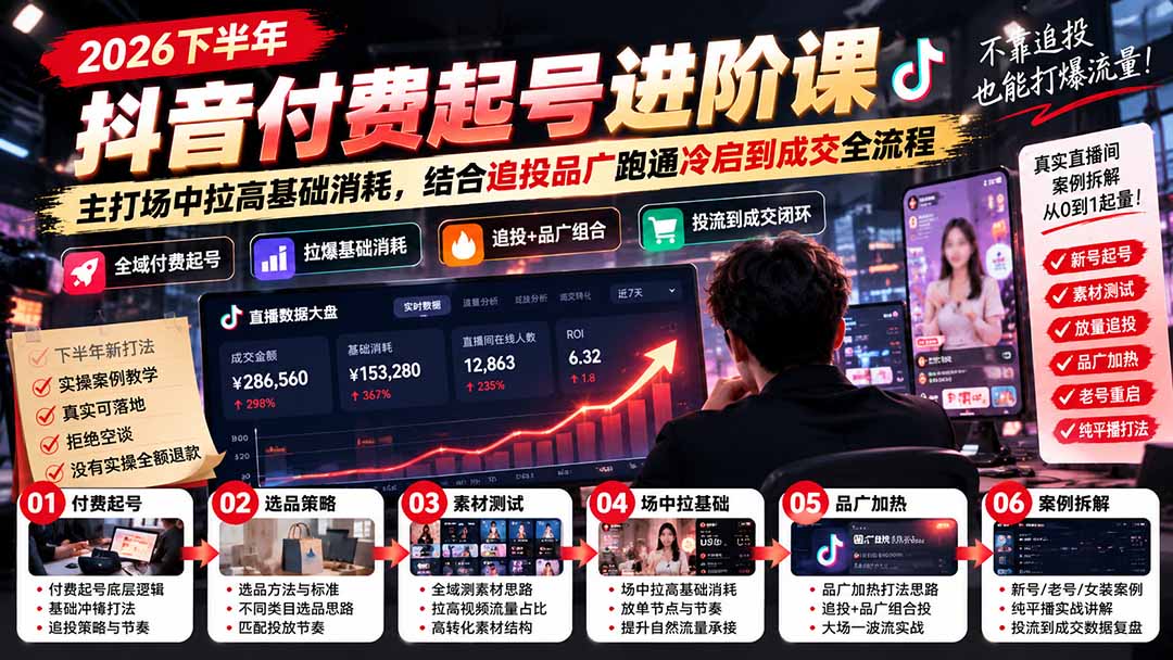 2026下半年抖音付费起号进阶课：主打场中拉高基础消耗，结合追投品广跑通冷启到成交全流程-宣源知识学堂