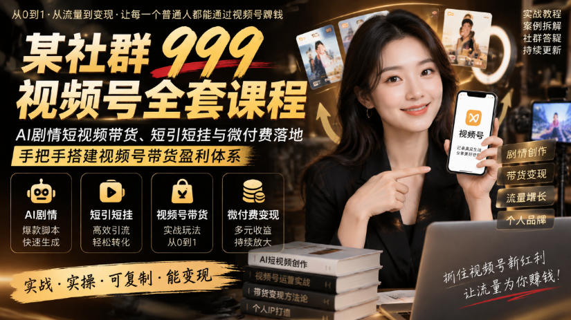 某社群999视频号全套课程，AI剧情短视频带货、短引短挂与微付费落地，手把手搭建视频号带货盈利体系-宣源知识学堂
