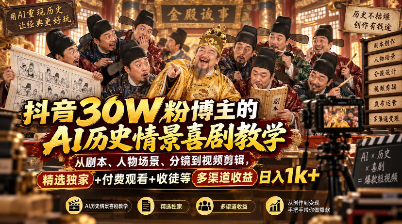 抖音30W粉博主的AI历史情景喜剧教学，从剧本、人物场景、分镜到视频剪辑，精选独家+付费观看+收徒等多渠道收益日入1k+-宣源知识学堂