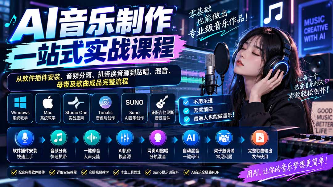AI音乐制作一站式实战课程:从软件插件安装、音频分离、扒带换音源到贴唱、混音、母带及歌曲成品完整流程-宣源知识学堂