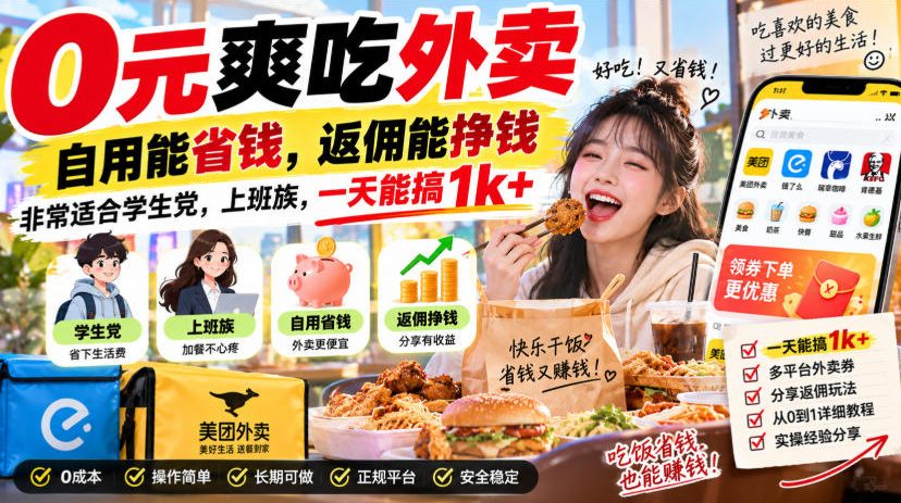 0元爽吃外卖，自用能省钱，返佣能挣钱，非常适合学生党，上班族，一天能搞1k+-宣源知识学堂