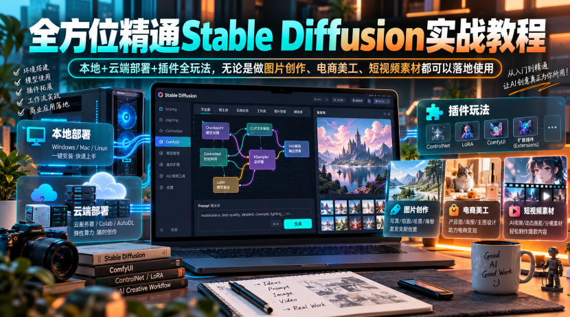 全方位精通Stable Diffusion实战教程｜本地+云端部署+插件全玩法，无论是做图片创作、电商美工、短视频素材都可以落地使用-宣源知识学堂