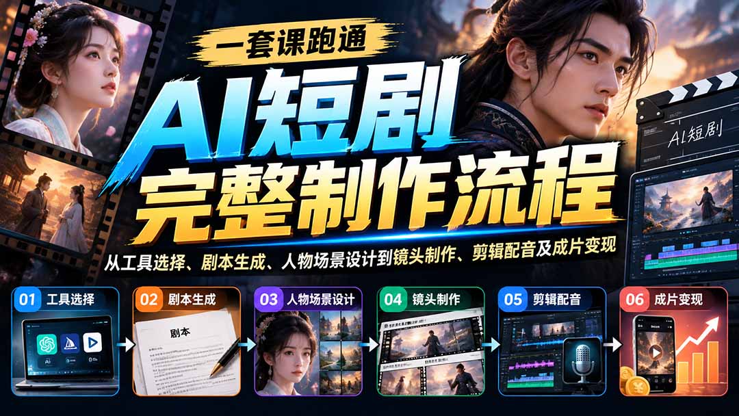 一套课跑通AI短剧完整制作流程:从工具选择、剧本生成、人物场景设计到镜头制作、剪辑配音及成片变现-宣源知识学堂