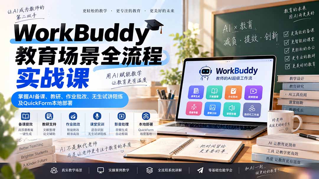 WorkBuddy教育场景全流程实战课：掌握AI备课、教研、作业批改、无生试讲陪练及QuickForm本地部署-宣源知识学堂