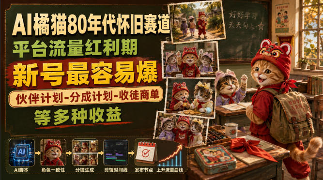 AI橘猫80年代怀旧赛道，平台流量红利期，新号最容易爆，伙伴计划-分成计划-收徒商单等多种收益-宣源知识学堂