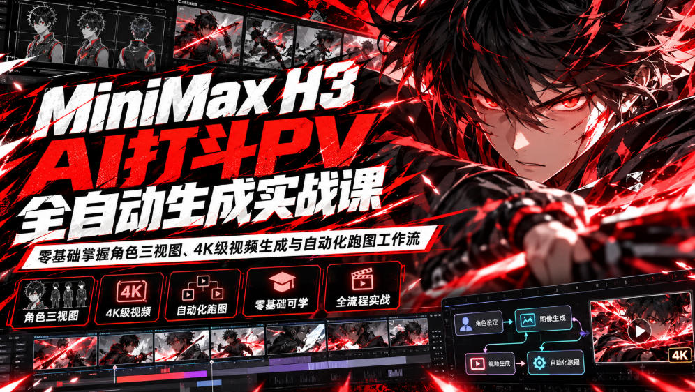 MiniMax H3 AI打斗PV全自动生成实战课：零基础掌握角色三视图、4K级视频生成与自动化跑图工作流-宣源知识学堂