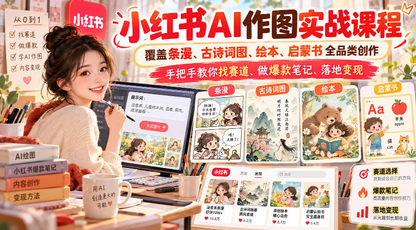 小红书AI作图实战课程，覆盖条漫、古诗词图、绘本、启蒙书全品类创作，手把手教你找赛道、做爆款笔记、落地变现(更新1009)-宣源知识学堂