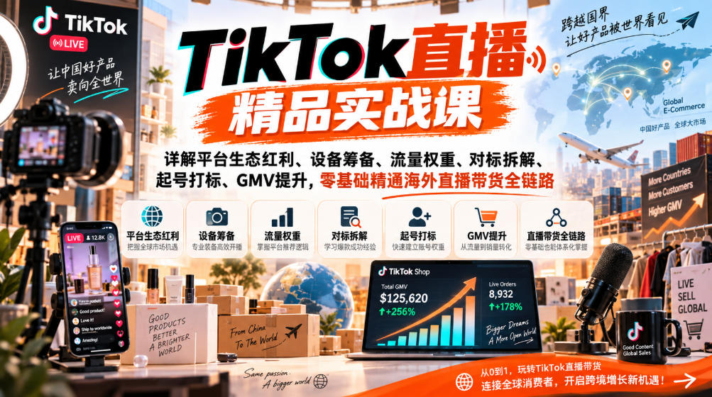TikTok直播精品实战课，详解平台生态红利、设备筹备、流量权重、对标拆解、起号打标、GMV提升，零基础精通海外直播带货全链路-宣源知识学堂
