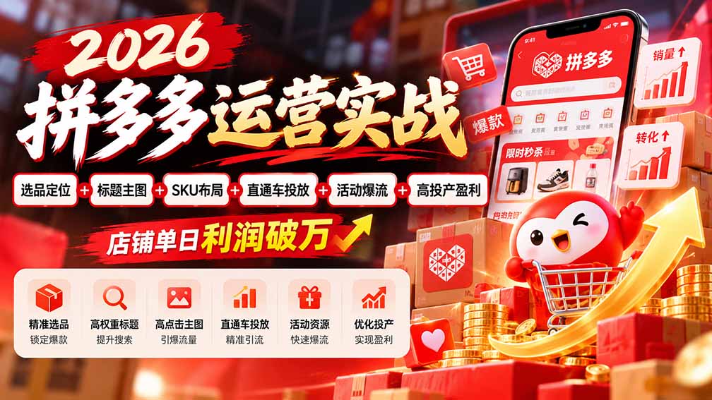 2026拼多多运营实战-更新1002：选品定位+标题主图+SKU布局+直通车投放+活动爆流+高投产盈利 店铺单日利润破万-宣源知识学堂