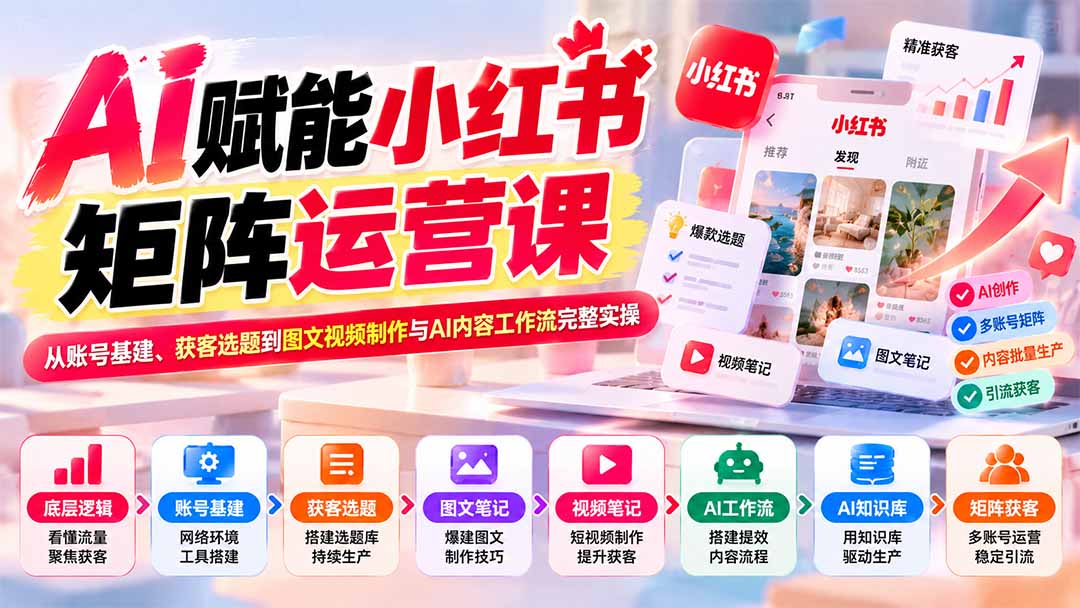AI赋能小红书矩阵运营课：从账号基建、获客选题到图文视频制作与AI内容工作流完整实操-宣源知识学堂