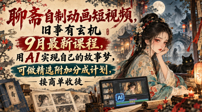 聊斋自制动画短视频，旧事有玄机9月最新课程，用AI实现自己的故事梦，可做精选附加分成计划，接商单收徒-宣源知识学堂