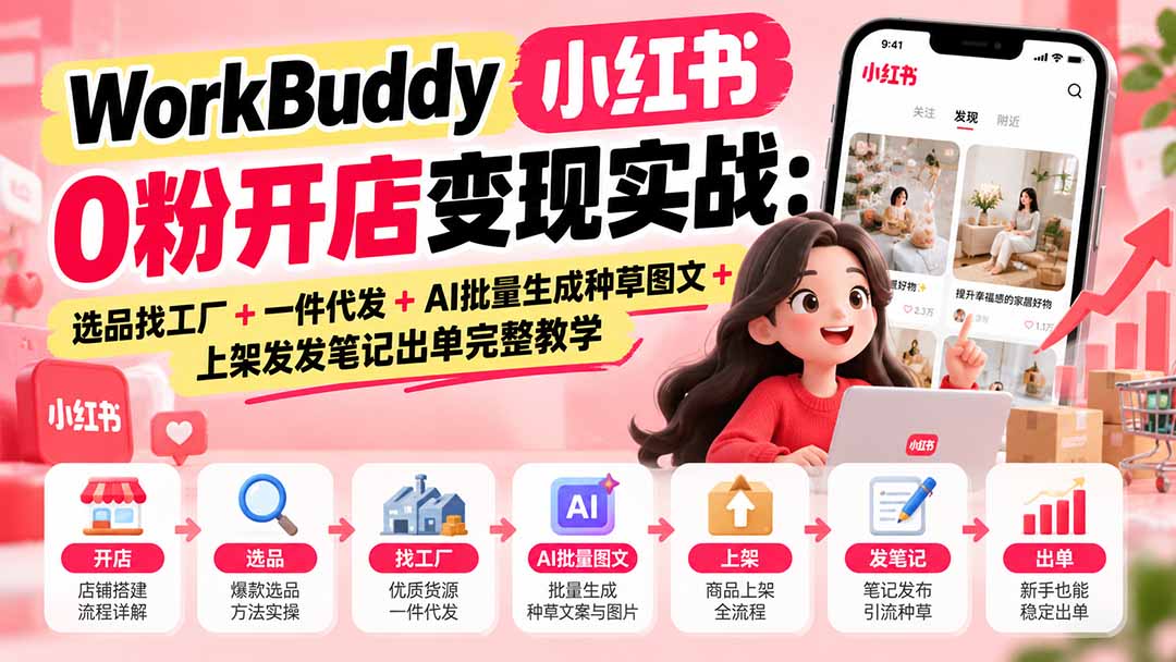 WorkBuddy小红书0粉开店变现实战：选品找工厂+一件代发+AI批量生成种草图文+上架发发笔记出单完整教学-宣源知识学堂