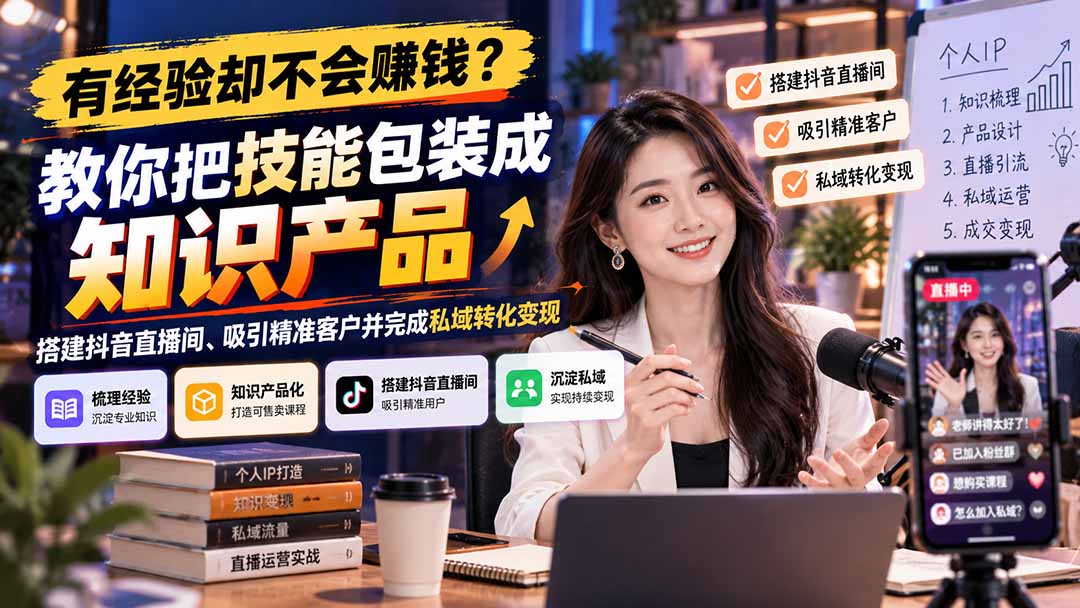 有经验却不会赚钱？教你把技能包装成知识产品，搭建抖音直播间、吸引精准客户并完成私域转化变现-宣源知识学堂