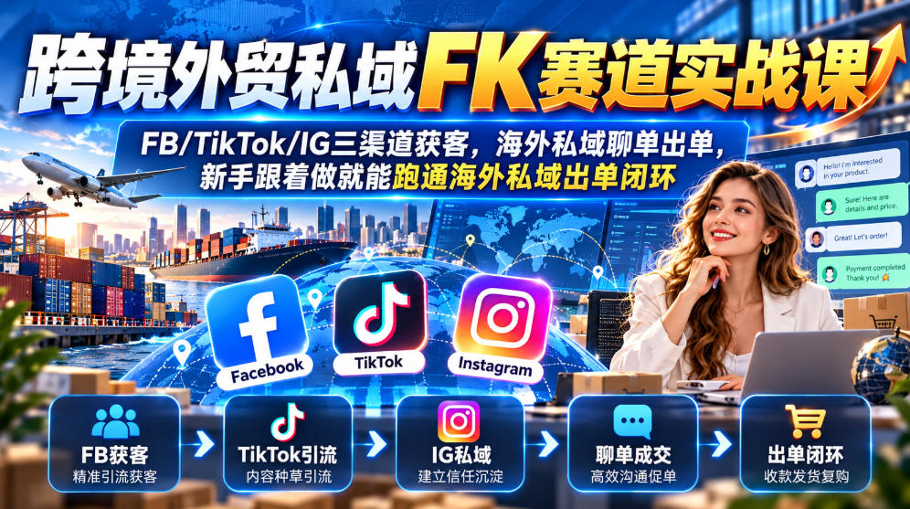 跨境外贸私域FK赛道实战课｜FB/TikTok/IG三渠道获客，海外私域聊单出单，新手跟着做就能跑通海外私域出单闭环-宣源知识学堂