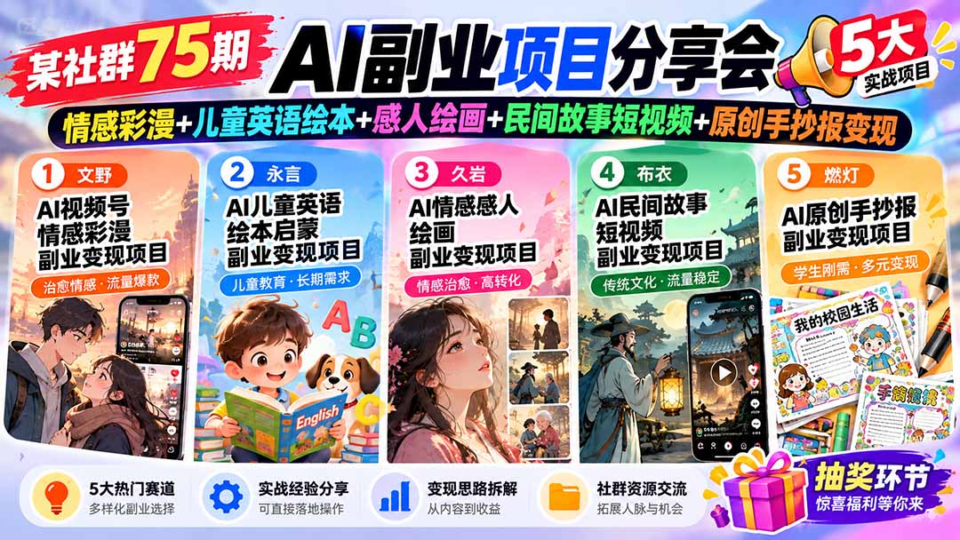 某社群75期AI副业项目分享会:情感彩漫+儿童英语绘本+感人绘画+民间故事短视频+原创手抄报变现-宣源知识学堂