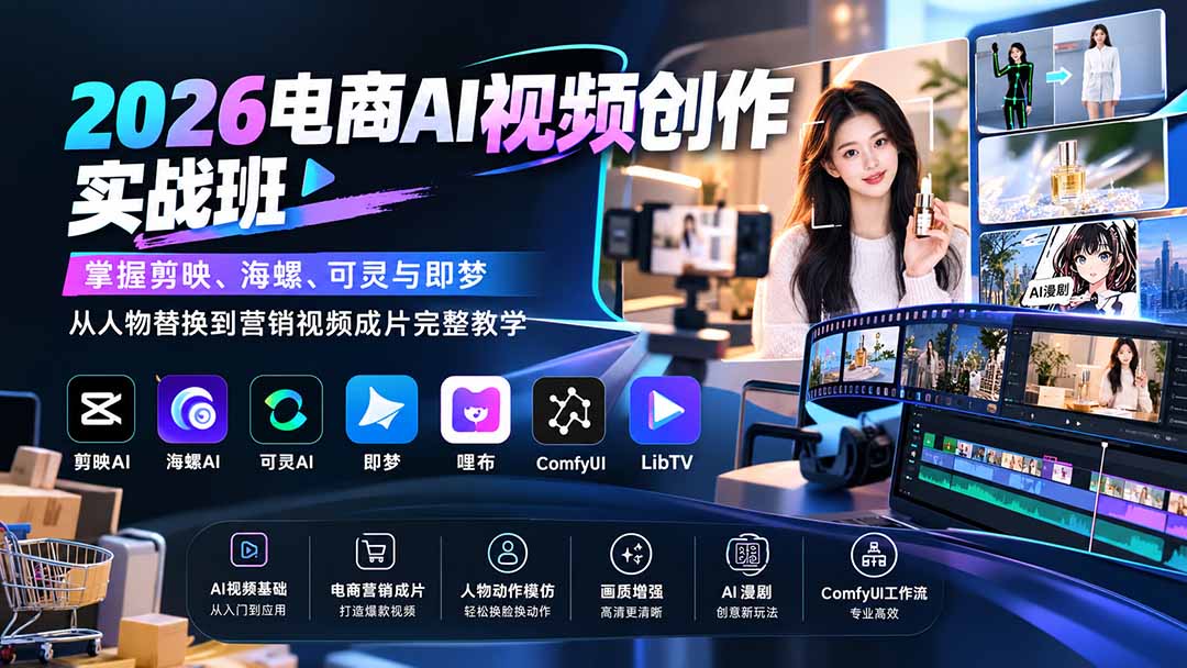 2026电商AI视频创作实战班:掌握剪映、海螺、可灵与即梦,从人物替换到营销视频成片完整教学-宣源知识学堂