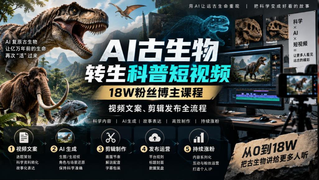 AI古生物转生科普短视频，18W粉丝博主课程，视频文案、剪辑发布全流程-宣源知识学堂