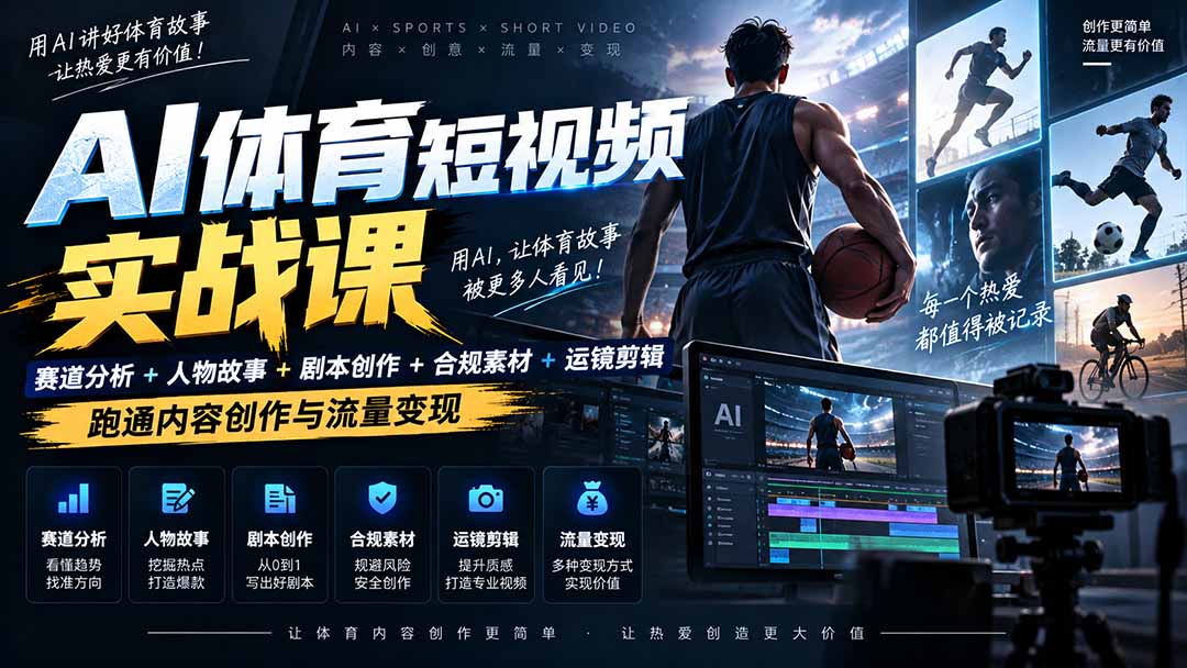 AI体育短视频赛道顶级玩法｜赛道分析+人物故事+剧本创作+版权处理+运镜剪辑，跑通流量变现-日赚1K+-宣源知识学堂