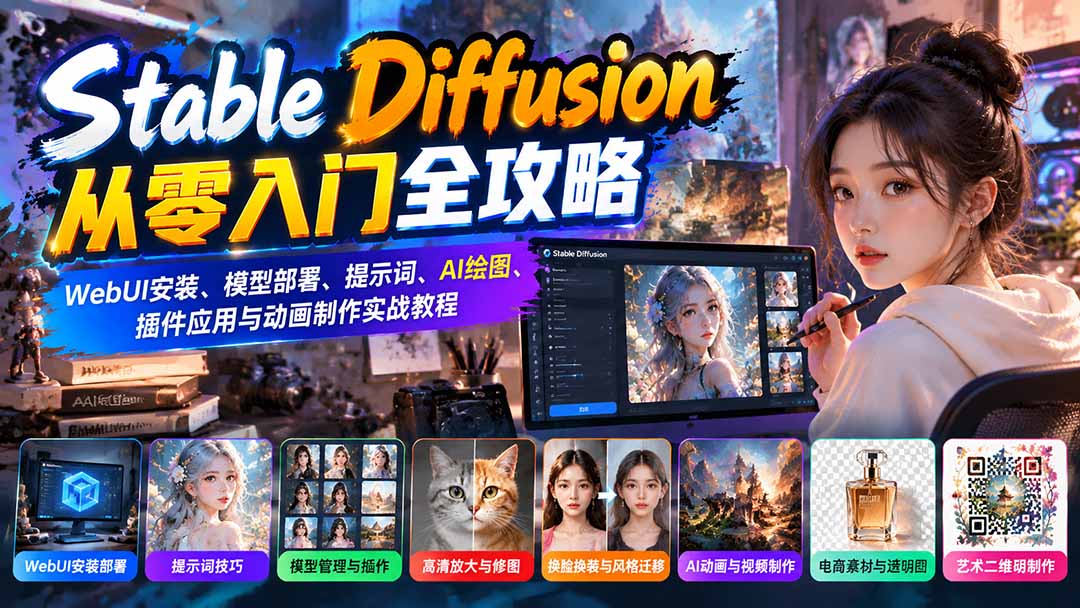 Stable Diffusion从零入门全攻略:WebUI安装、模型部署、提示词、AI绘图、插件应用与动画制作实战教程-宣源知识学堂