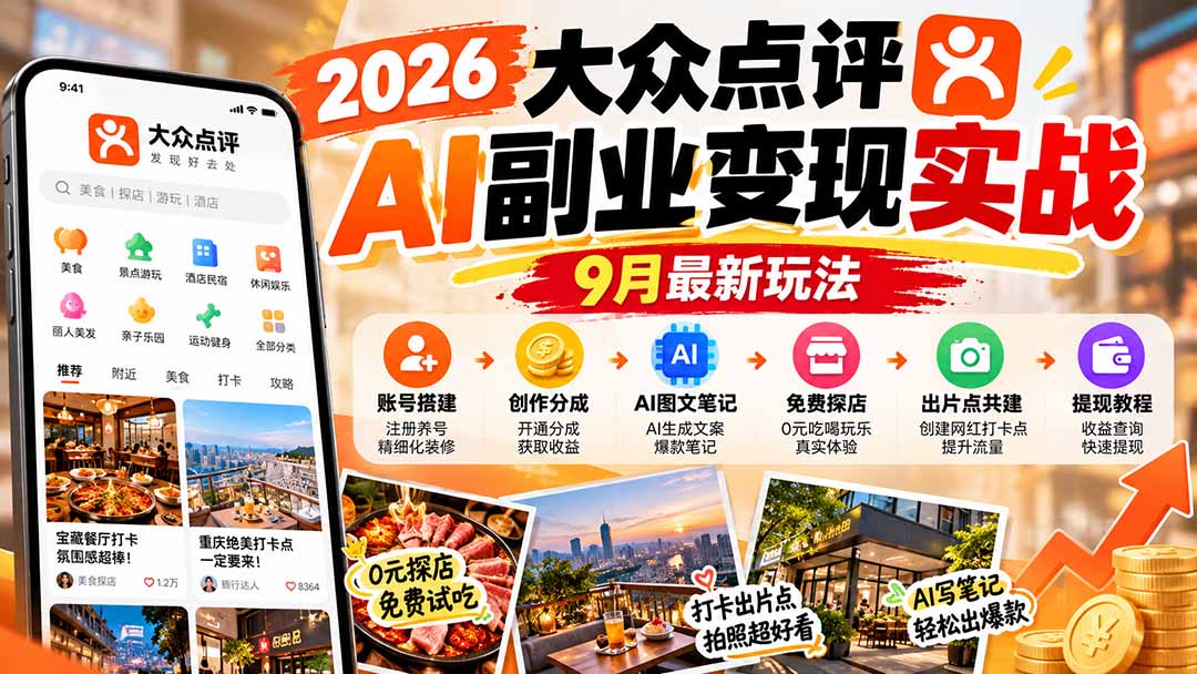 2026大众点评AI副业变现实战9月最新玩法:账号搭建+创作分成+AI图文笔记+免费探店+出片点共建与提现教程-宣源知识学堂