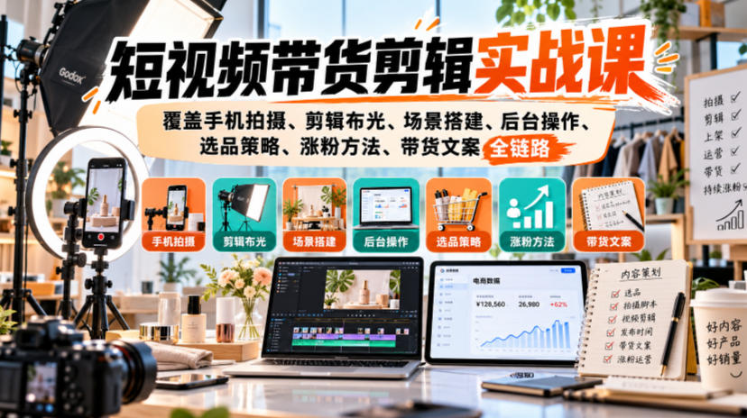短视频带货剪辑实战课，覆盖手机拍摄、剪辑布光、场景搭建、后台操作、选品策略、涨粉方法、带货文案全链路-宣源知识学堂