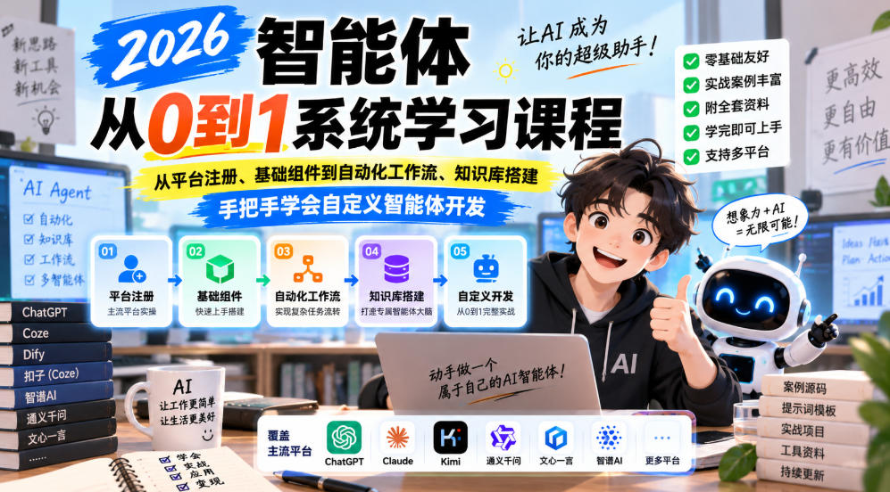 2026智能体从0到1系统学习课程，从平台注册、基础组件到自动化工作流、知识库搭建，手把手学会自定义智能体开发-宣源知识学堂