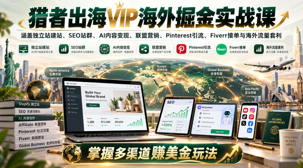 猎者出海VIP海外掘金实战课：涵盖独立站、SEO站群、AI变现、联盟营销、Pinterest引流、Fiverr接单与海外流量套利，掌握多渠道賺美金玩法-宣源知识学堂