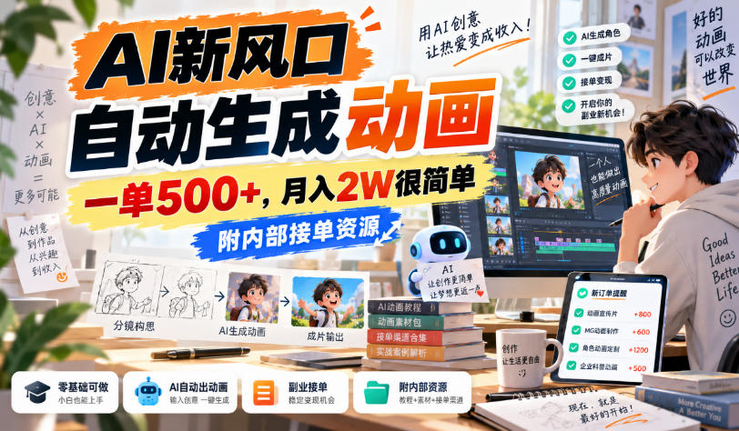 AI新风口，自动生成动画，一单500+，月入2W很简单，附内部接单资源【揭秘】-宣源知识学堂