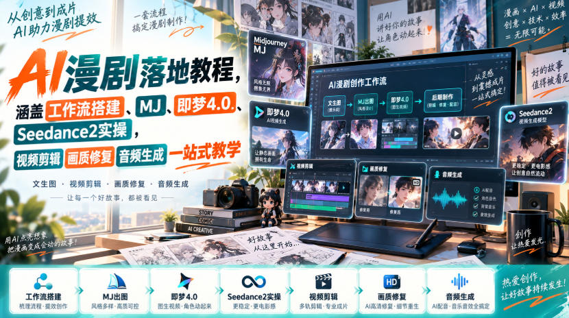 AI漫剧落地教程，涵盖工作流搭建、MJ、即梦4.0、Seedance2实操，视频剪辑画质修复音频生成一站式教学-宣源知识学堂